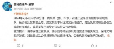 ​27岁男子在迪士尼乐园安检排队区域插队并打人，上海警方通报：已被行拘